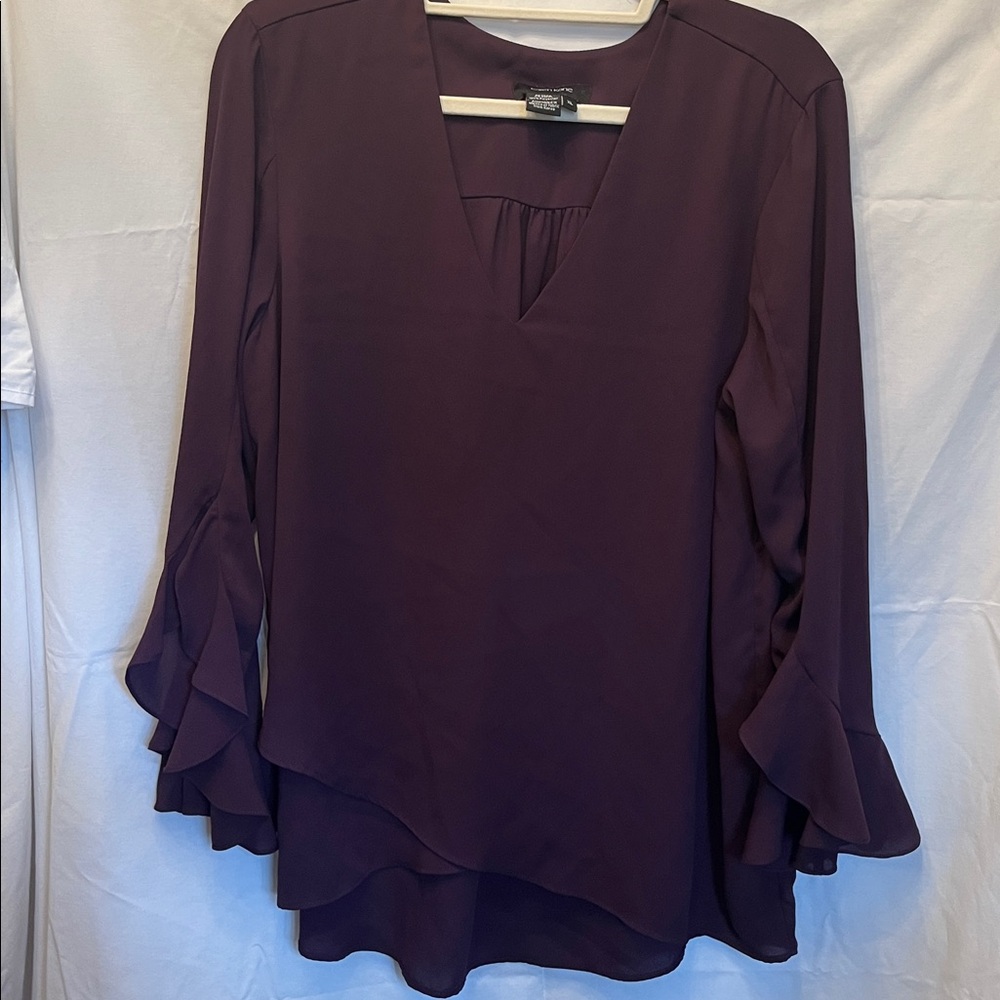 XL Karen Kane Plum (rich color)Layered Ruffle V-Neck Blouse